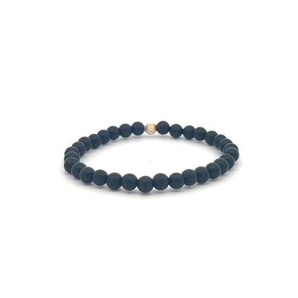 Gemstones Matte Onyx 4mm Stretchable Bracelet 14k Gold Corrugated Bead Charm - Picture 3 of 5